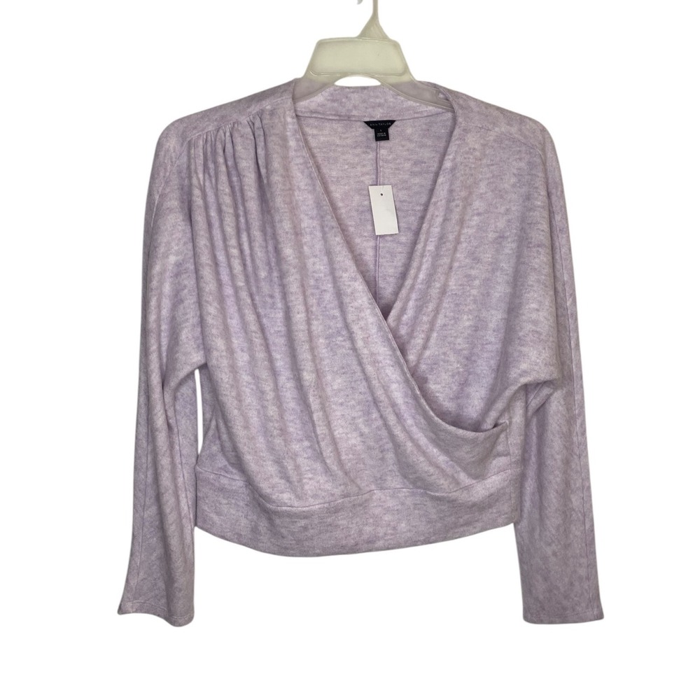Ann Taylor Womens Crossover Pullover Sweater Heather Lilac Purple Large NEW
